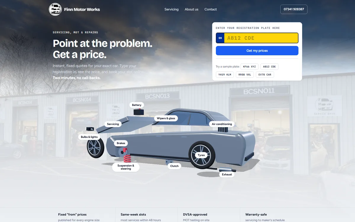 Finn Motor Works homepage: registration plate lookup with instant fixed prices over a 3D car diagram