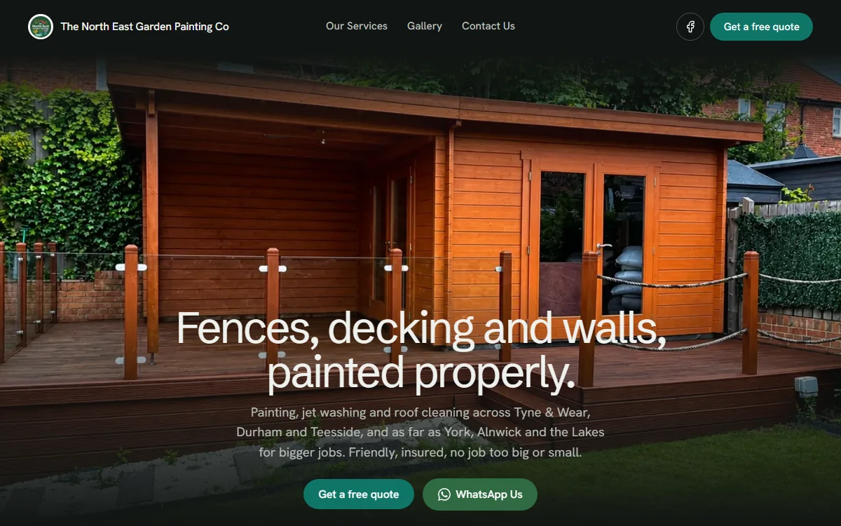 The North East Garden Painting Co homepage: a freshly painted fence and decking under the headline Fences, decking and walls, painted properly